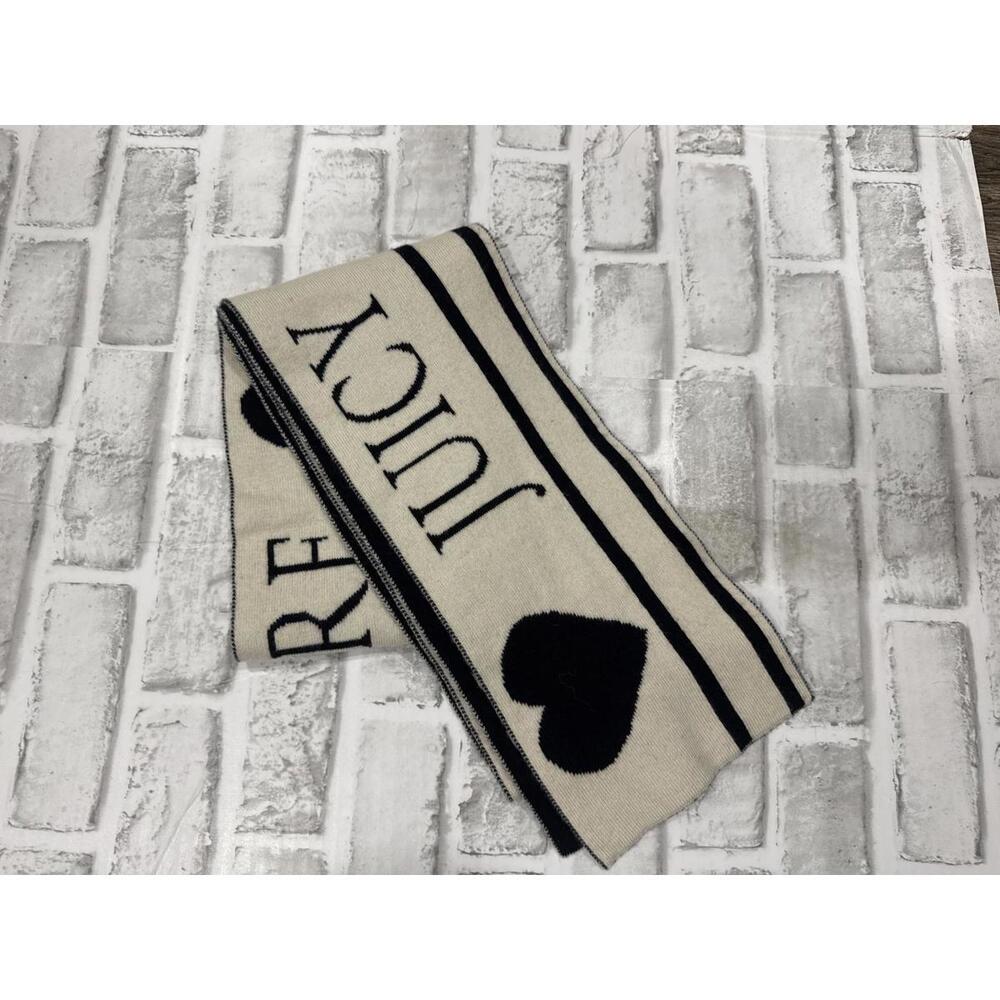 Juicy Couture Black and Cream 100% Cashmere Scarf with Heart Design
